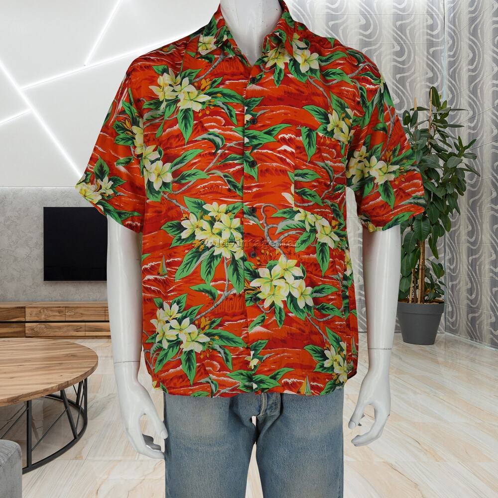 Vintage Y2K Red Silk Hawaiian Shirt M Tropical